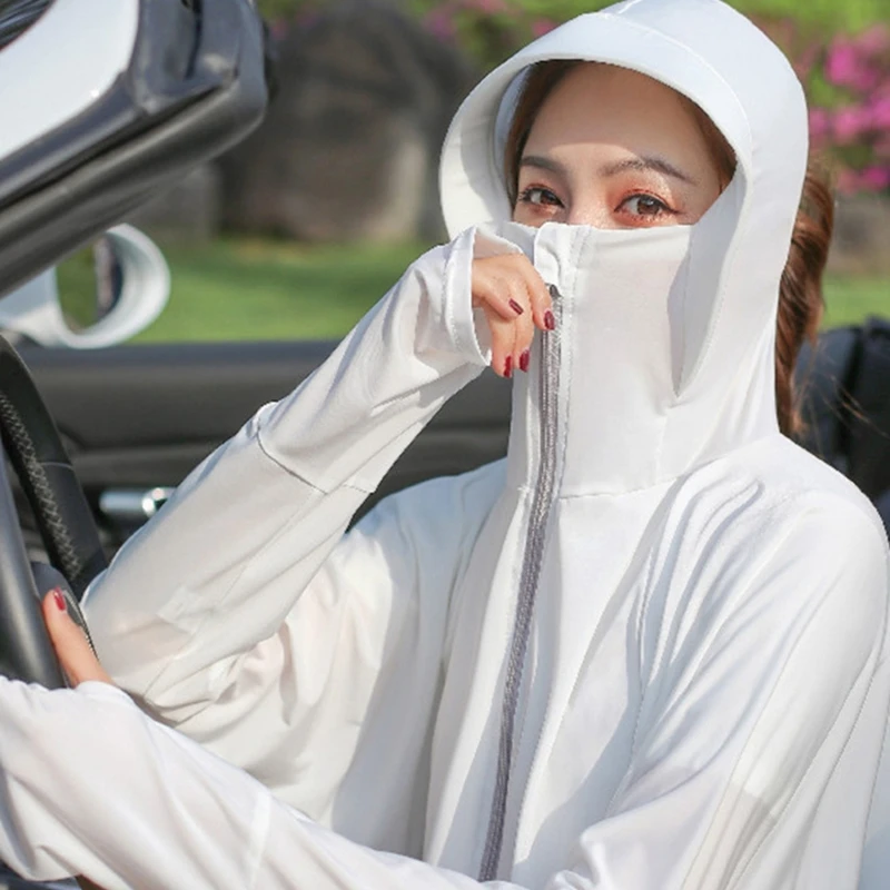 

Summer Ice Silk Sunscreen Clothing Women Solid Color Breathable Sunscreen Cloak Cover Face Fashion Cool Sunscreen Shirt Jacket