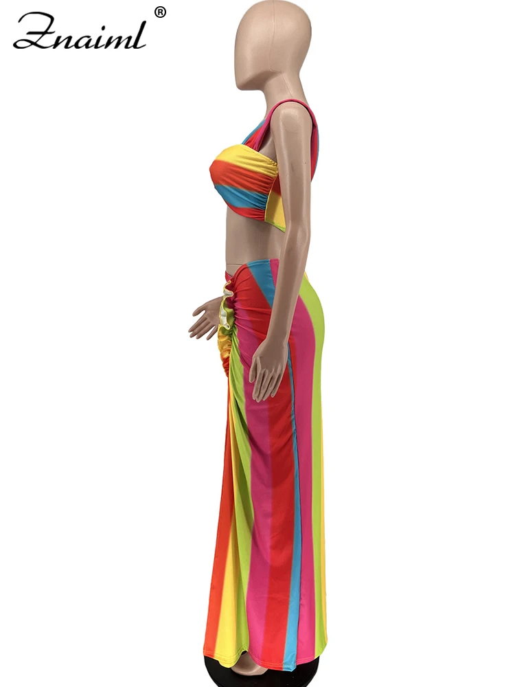 Znaiml Summer Beach Ruched Split Long Dress Womens Skirt and Top Two Piece Set Rainbow Striped Print Night Club Birthday Outfits 5