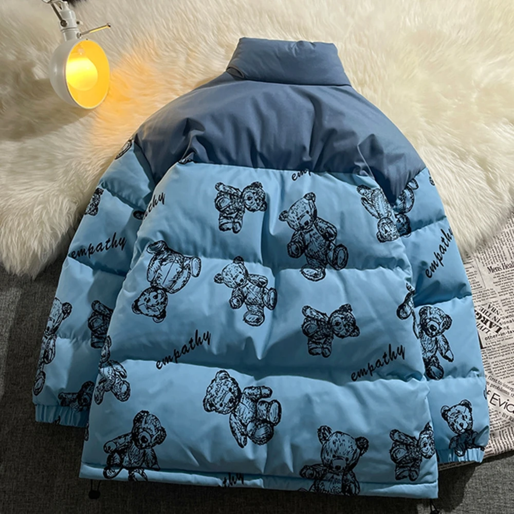 

Cute Bear Printing Bread Coats Autumn Winter Men's Stand Collar Loose Thick Warm Parka Tops Couple Fashion Cotton Padded Jacket