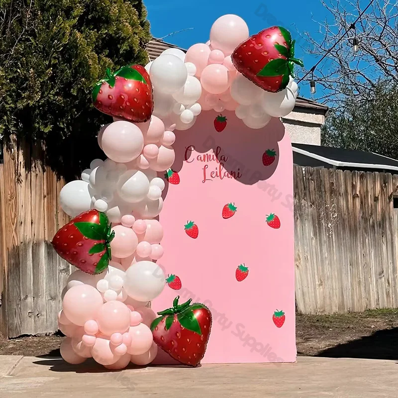 

118pcs Pink White Balloon Arch Garland Kit Strawberry Shortcake Foil Ballon for Baptism Girls 1st 2nd Birthday Party Decorations