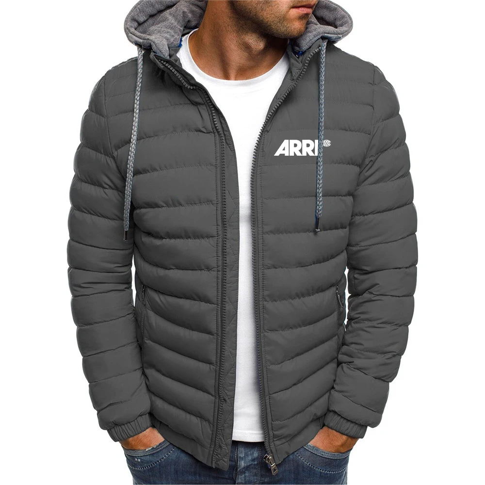 

2023 ARRI Camera Men's New Winter Solid Color Cotton Jacket Hooded Coat Print Long Sleeves Zip-Up Outer Wear Top Clothing