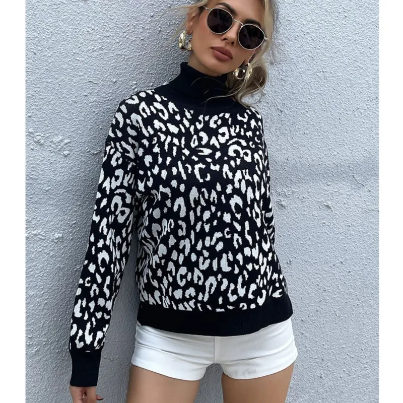 Модный женский вязаный свитер с леопардовым принтом жаккардовая основа пуловер