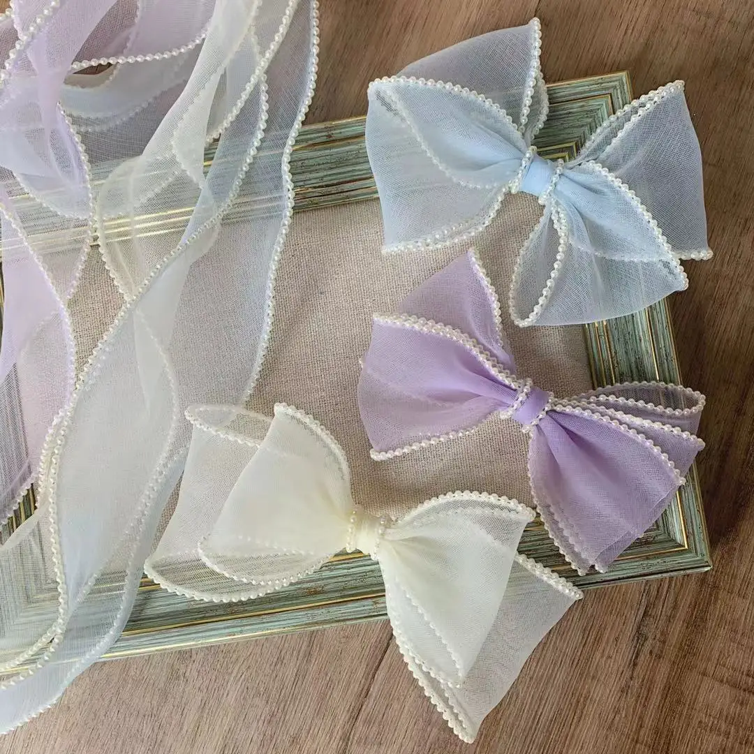 

6cm 4cm Pearl Beaded Organza Ribbon Wave Trim Mesh Lace Fabric Clothes Decoration Wedding Dress Collar Sleeve Applique DIY Craft