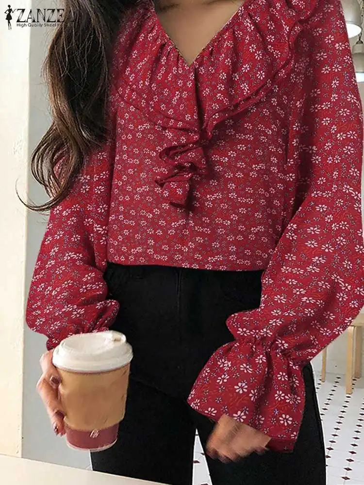 

ZANZEA Women Long Sleeve Blouse Spring Autum Pullovers Bohemian Printed V Neck Tops Casual Ruffles Loose Blouse Oversized Blusa