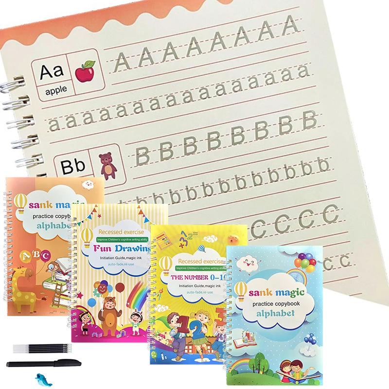 

4 Magic Copybooks Children's Toy Writing Reusable Free Wiping English Maths Drawing Children's Toy Writing Practice Copy Book