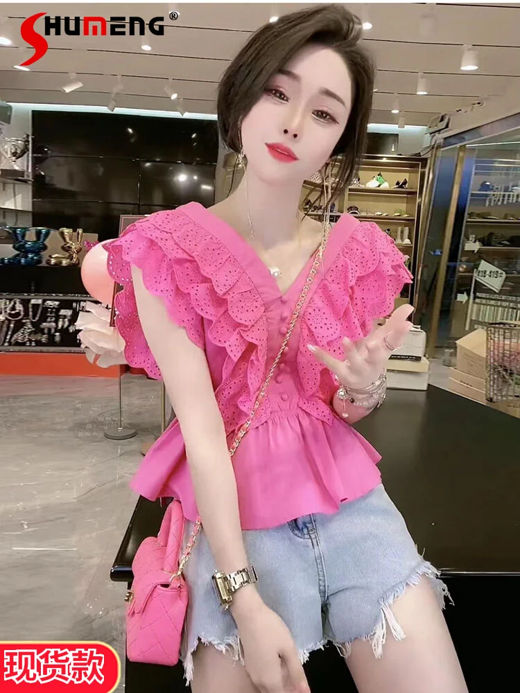 

New Patchwork Ruffled V-neck Hollow Shirt Women's Summer Temperament Waist-Controlled Slimming Fashionable Sleeveless Top