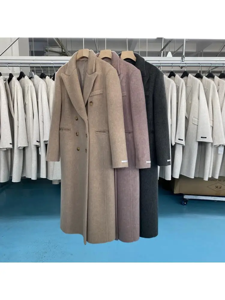 

2023 Autumn/Winter Double Breasted Handmade Woolen Outerwear Jackets Women Suit Collar Korean Style Loose Long 100% Wool Coats