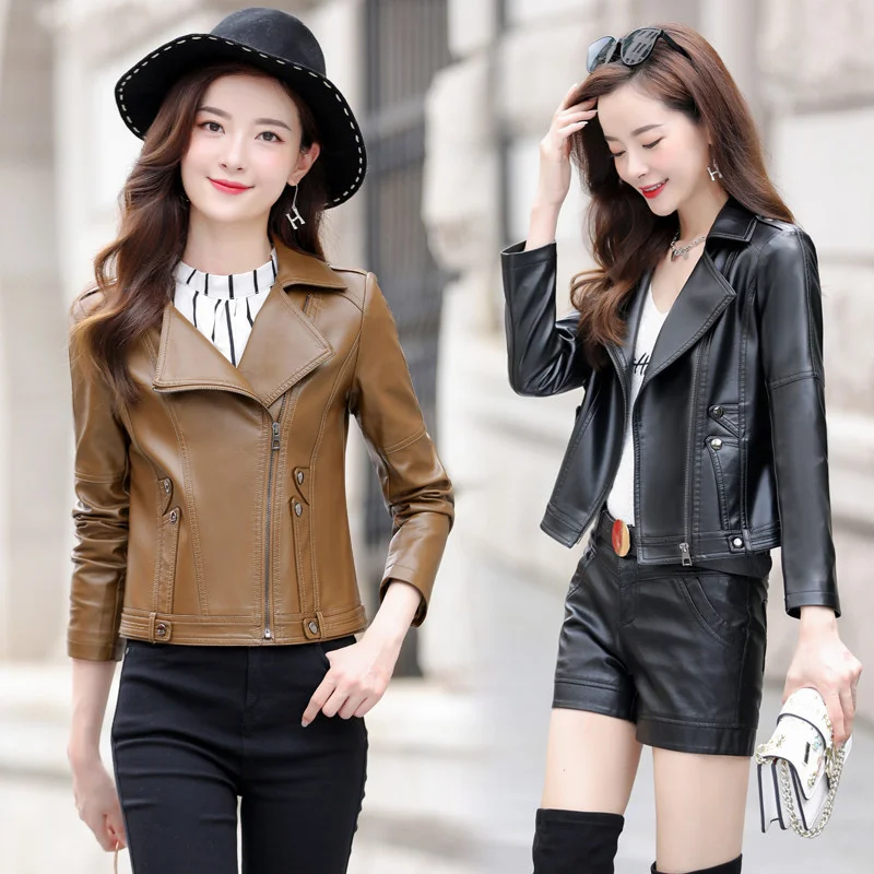 100% genuine real Autumn 2023 New Fashion Short Western Collar Women's Korean Slim Motorcycle Leather Jacket