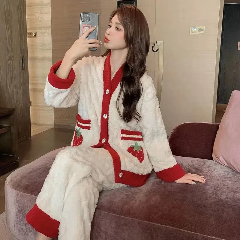 Autumn Winter Warm Flannel Women Pyjamas Sets Thick Long Sleeve Sleepwear Pajamas Set Long Sleeve Pockets Ladies Pyjama