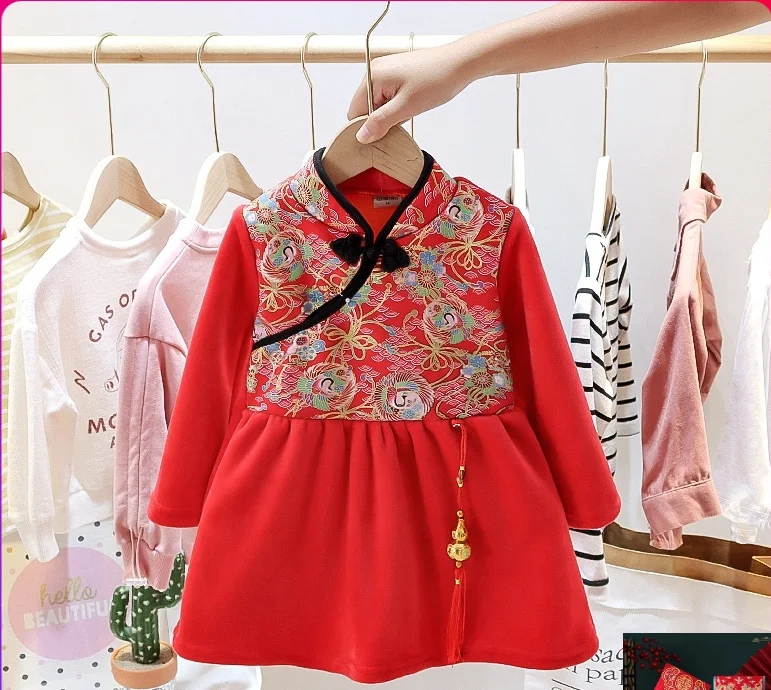 

Toddler Girls Dress Chinese New Year Costume Embroidered Hanfu Cheongsam Winter Children Party Outfits Qipao Kids Wedding Dress
