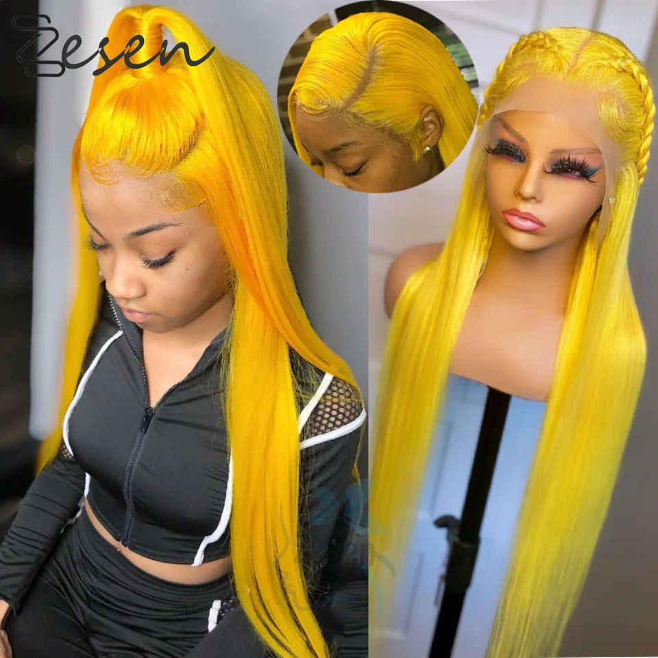 

Long Yellow Color Straight Hair Synthetic Lace Front Wig Heat Resistant Fiber Hair Natural Hairline For Women Wigs Daily Wear