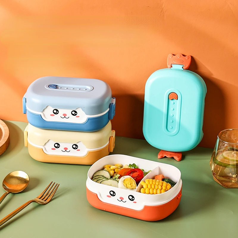 

Kawaii Lunch Box for Girls School Kids Cute Cat Plastic Picnic Bento Box Microwave Snack Food Box with 2 Grids Food Containers