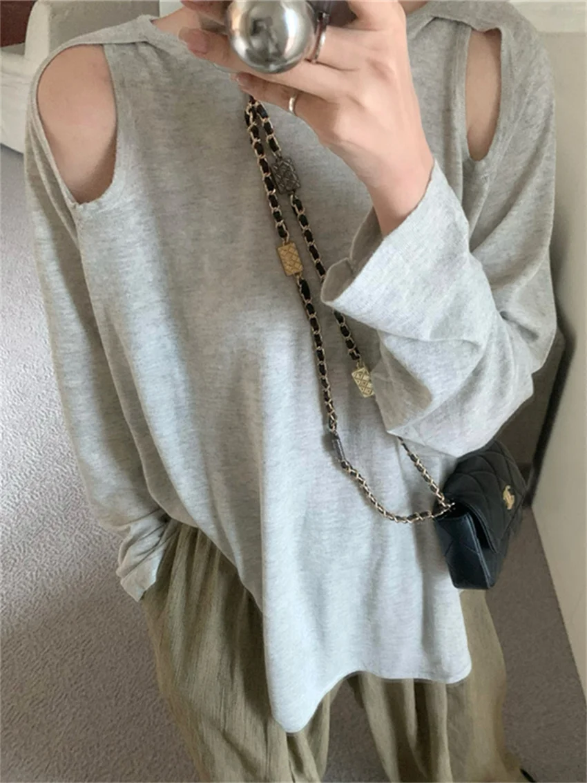 

HziriP Sexy T-Shirts Off Shoulders Women Knitted Full Sleeve Hot Autumn 2022 Casual All Match Loose-Fitting Chic OL Tees