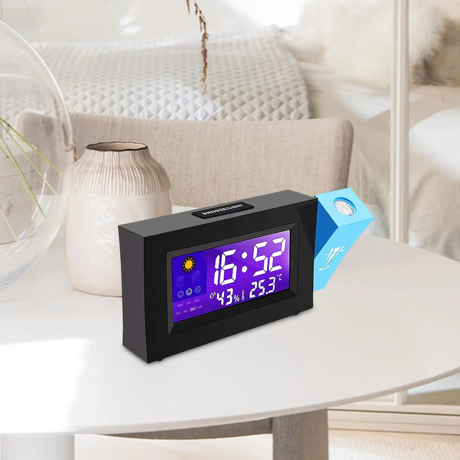 

LCD Screen Projector Alarm Clock Silent Desktop Loud Alarm Clock Snooze Function Temperature Humidity Monitor 12/24H USB