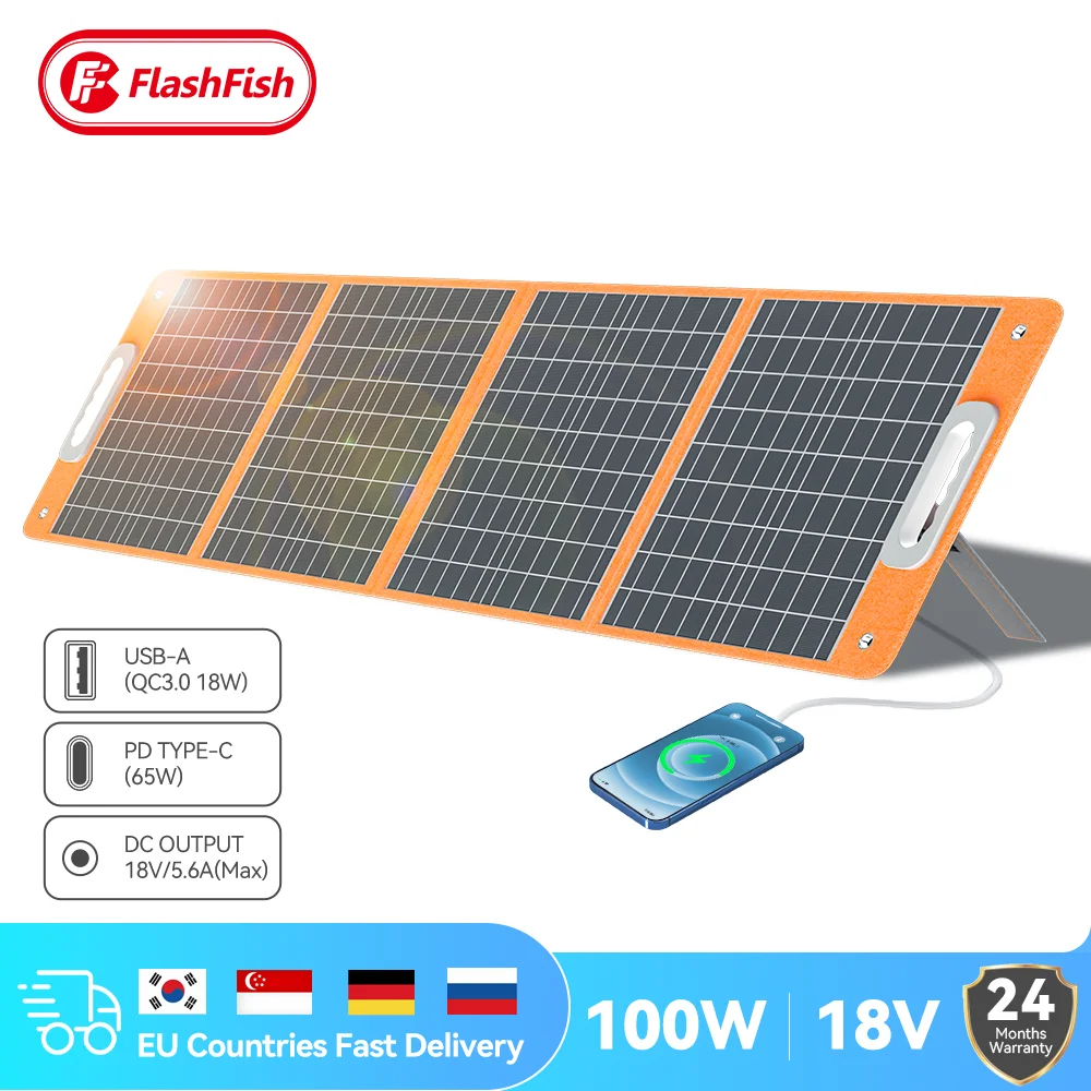 FlashFish Solar Panel 100W 18V Solar Charger with DC Type-c/