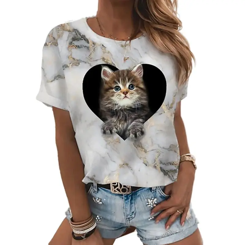

Cotton women's cute cats travel vacation sweet fashion trend cute printed cartoon round neck T-shirt casual street plus size top