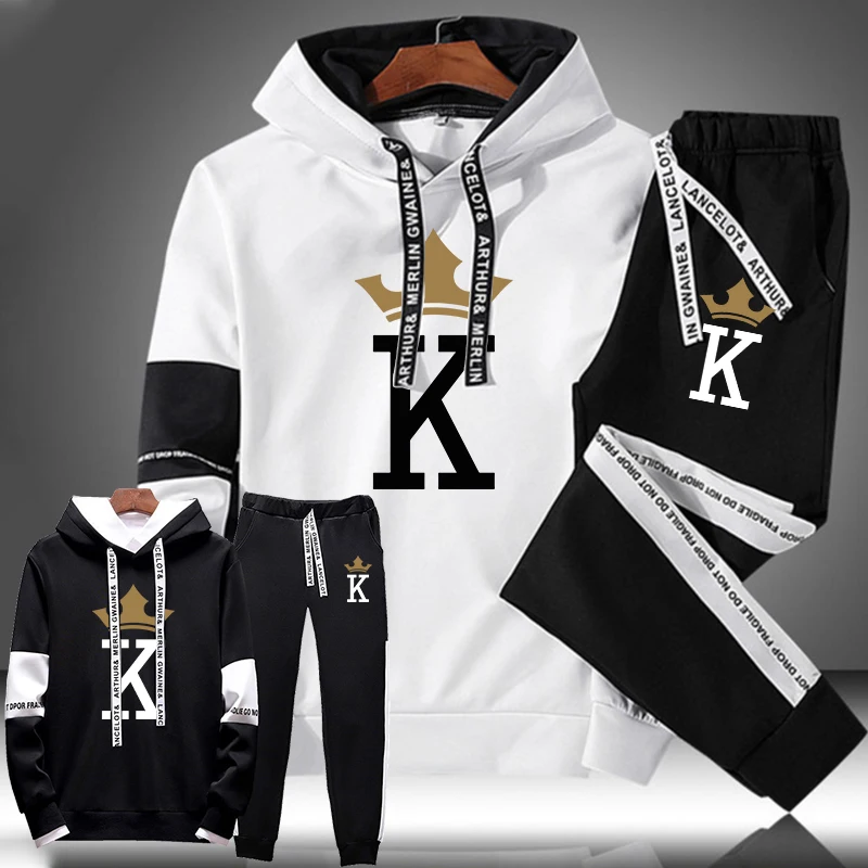 

Men's Tracksuit King Printed Long Sleeve Oversize Hoodies+Sweatpant 2Pcs Set Sweater Tops and Jogger Pants Outfit