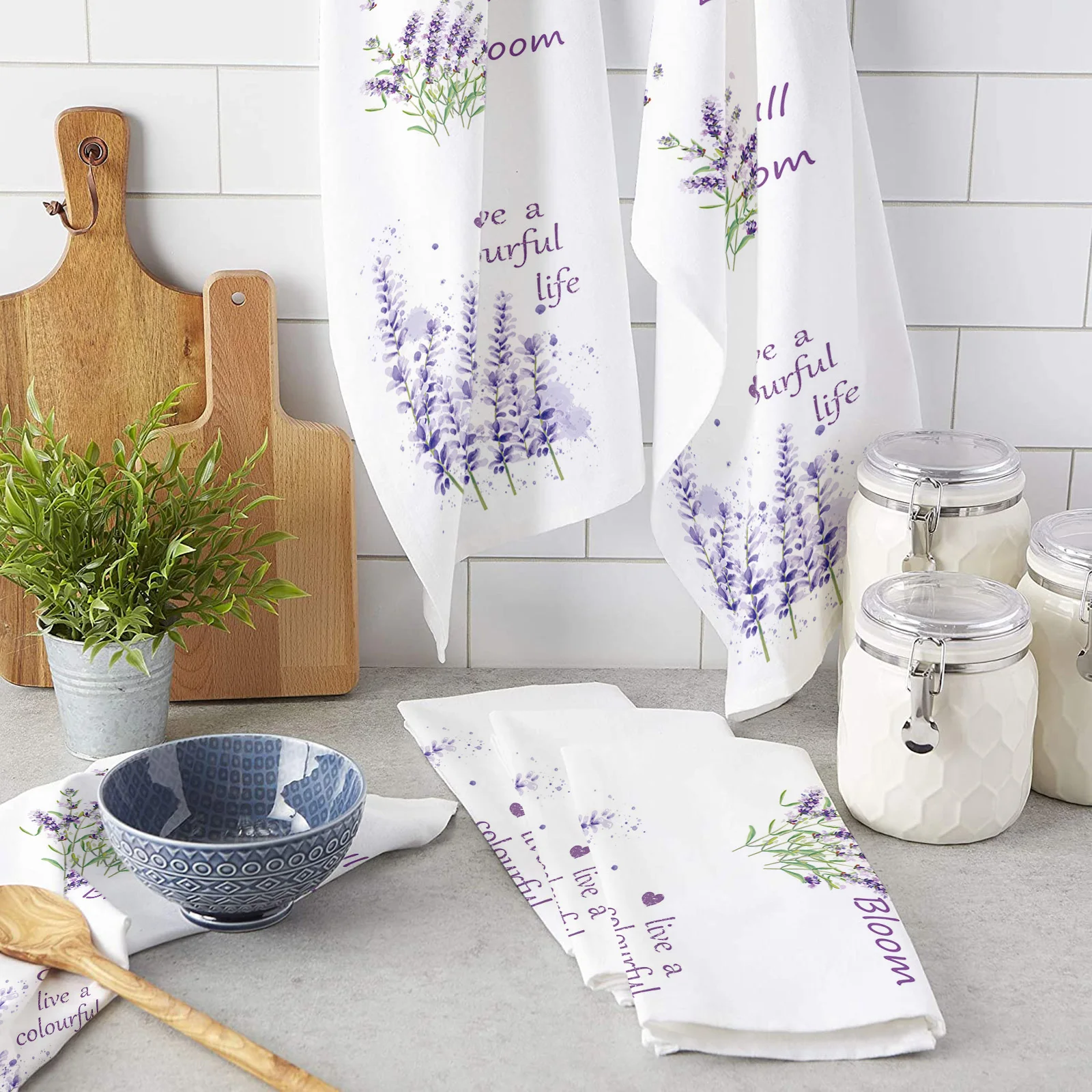 Watercolor Purple Flower Lavender White Printed Tea Hand Towel Kitchen Dishcloth Water Absorption Household Cleaning Cloth