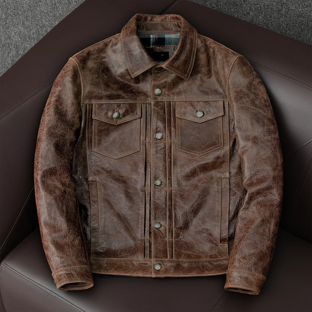 

Men 2022 Spring Autumn New Genuine Leather Casual Jackets Male Vintage Cowhide Coats Man Slim Long Sleeve Biker Clothing C187
