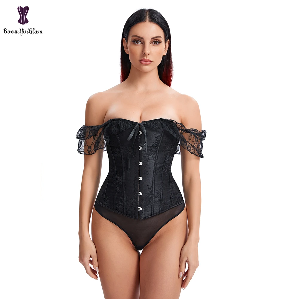

Women Short Sleeve Overbust Corset Solid Color Tie-up Boat Neck Close-fitting Bustier Tops Black