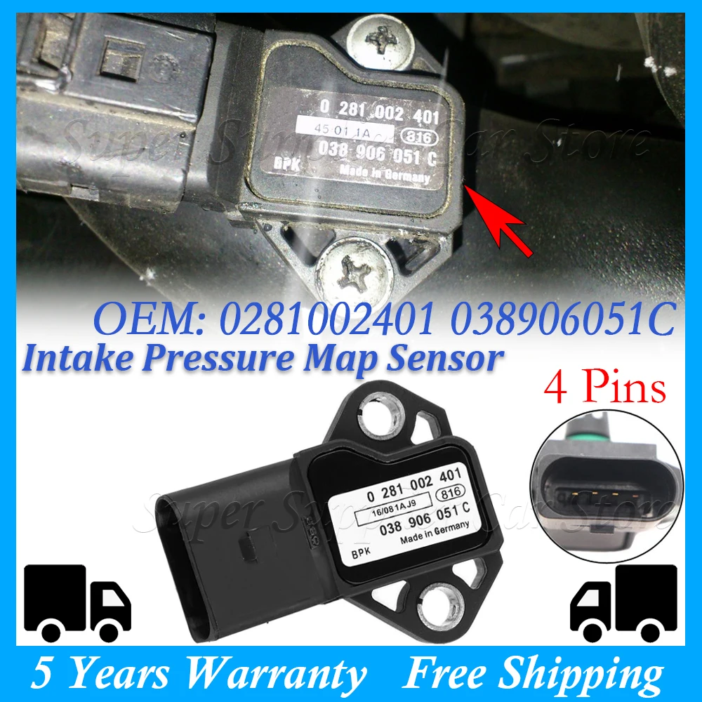

Датчик абсолютного давления в коллекторе (MAP) 3 бар для VAG VW AUDI SEAT SKODA 0281002401 038906051C 0 281 002 401 038 906 051 C