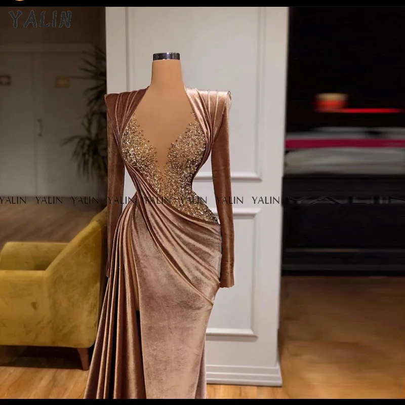 

YALIN Mermaid Prom Dress Long Sleeve V Neck Slim sweep train Prom Dress Elegant Sexy Haute Couture Velvet vestido de festa
