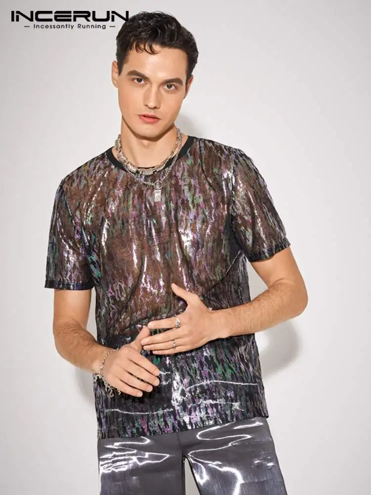 

Fashion Men T Shirts Mesh Patchwork Transparent O-neck Short Sleeve Men Clothing 2022 Loose Sexy Shiny Camisetas S-5XL INCERUN