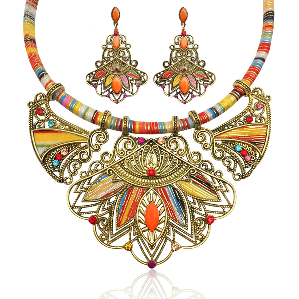 

Necklace Jewelry Set Earrings Bohemian Bohemia Vintage Earring Womenbib Sets Choker Chunky Jewellery Ethnic Statement Orange