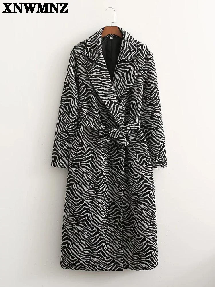 

XNWMNZ Fashion Zebra stripe print winter long coat women with belt Double breasted thick warm soft slim fit Elegant streetwear