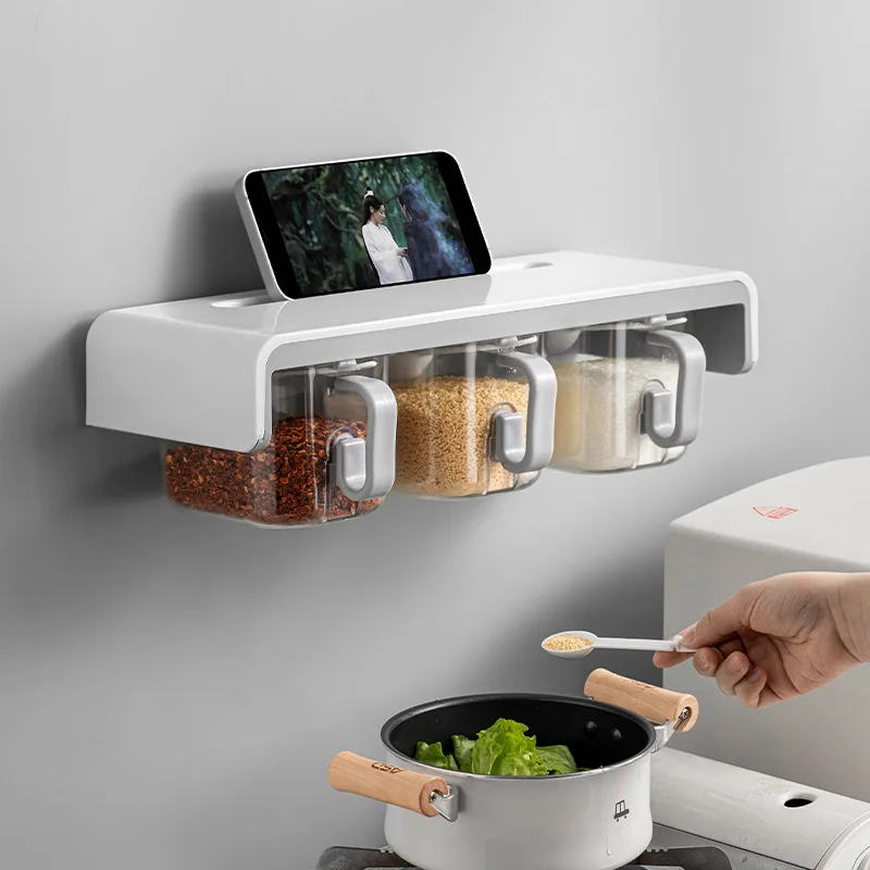 

Seasoning box Household salt and sugar storage tank Wall-mounted seasoning box seasoning combination sealed tank
