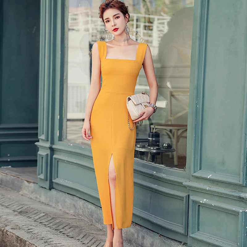 

2022 Korean New Vintage Sexy Square Collar Sleeveless Tank Midi Pencil Dress Ladies Elegant Casual Bodycon Split Party Dresses