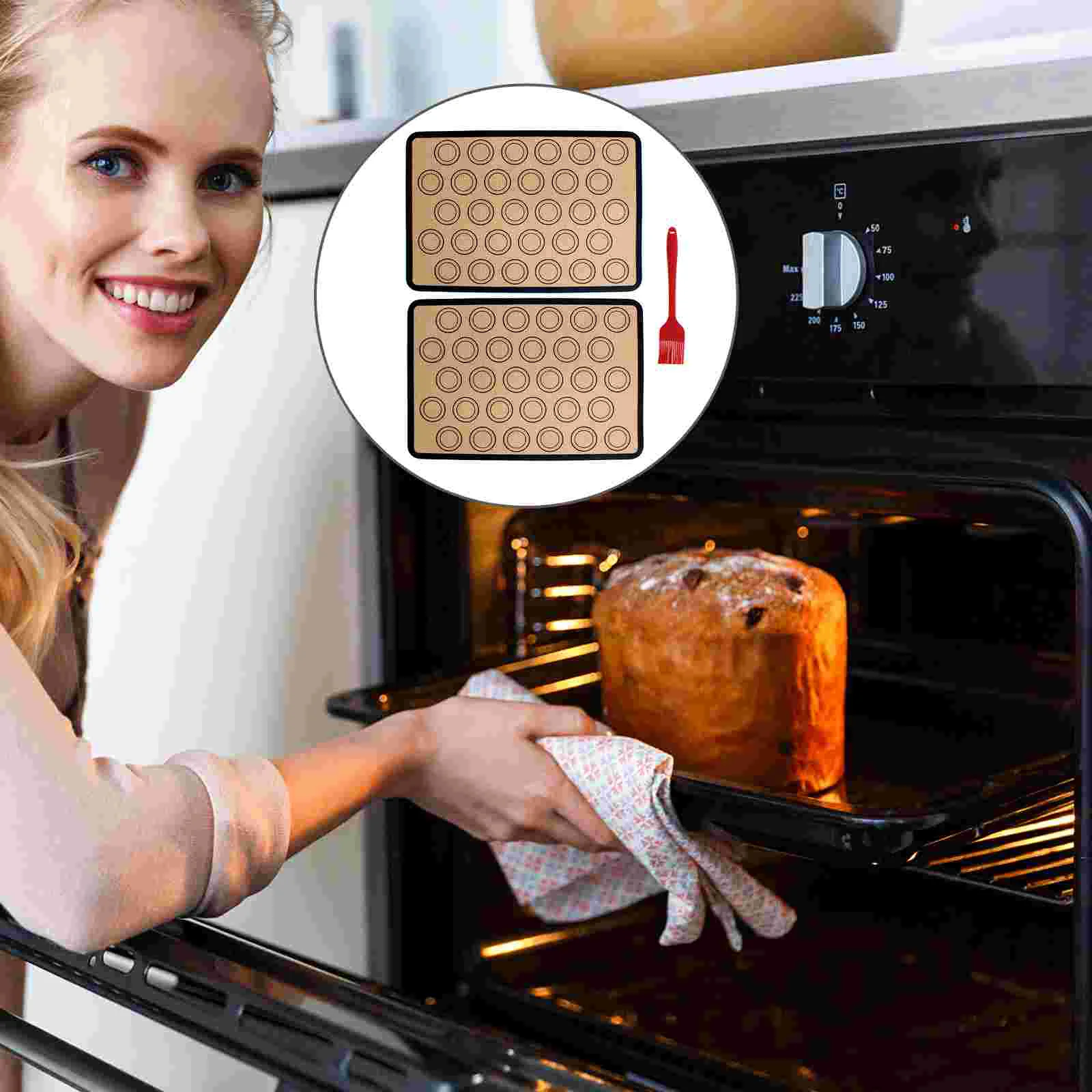 

2pcs Mats with Brush Non- Pastry Mat Reusable Oven Liner Sheets Mats Rolling Mats Square Cake Pan Mats for Meats
