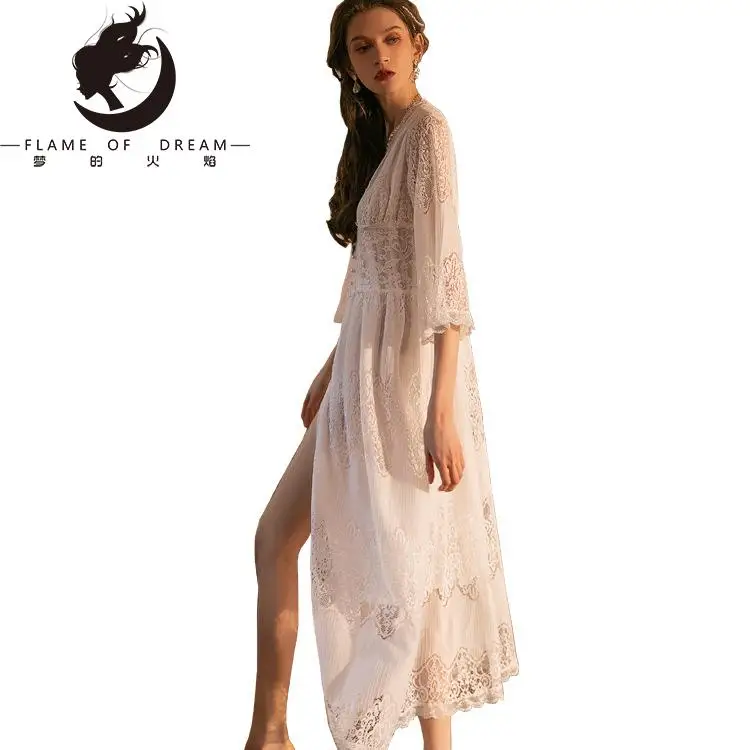 Flame Of Dream Lace  Mesh Sexy Robe Women  Suspender Nightdress Home Clothes Thin Double Layer Dress 221562