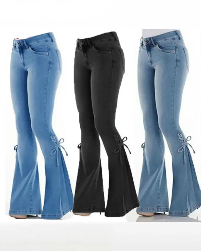 

Casual Flared Leg Jeans Eyelet Lace-Up Buttoned Pocket Design Plain Daily Skinny Fashion Women's Denim Trousers