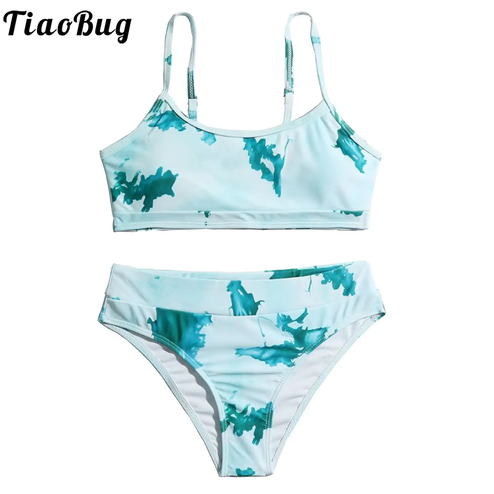 

TiaoBug Summer Swimming Set for Kids Girls Bikini Printed Set Sleeveless Round Neck Crop Top with High Waist Briefs 2 Pcs Set