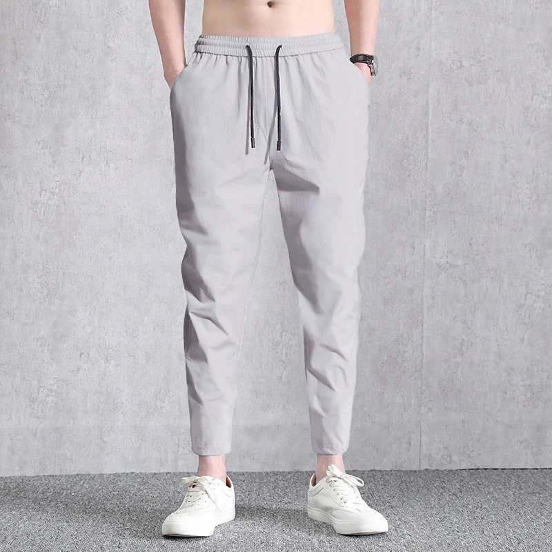 2023 Summer New Casual Pants Men's Cropped Pants Ice Silk Stretch Straight Through Close-up Pants Sports Quick Dry Pants