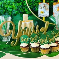 10pcs gold wild one cupcake toppers green leaf cake topper safari animal decor baby shower boy girl 1st jungle birthday decor