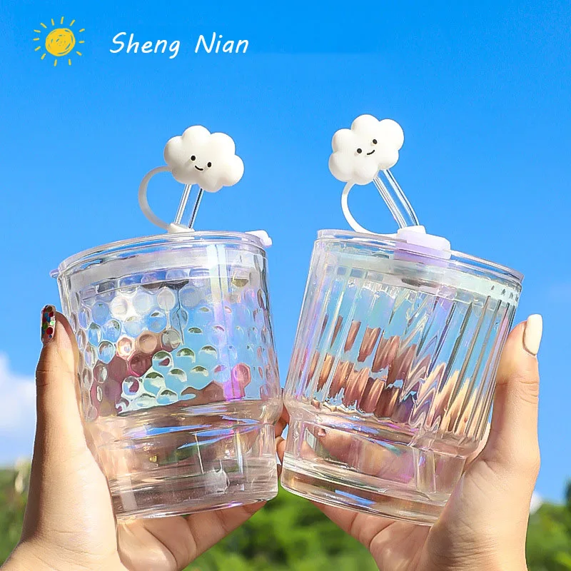 

400ml Colorful Glass Water Cup Whiskey Wine Glass Ins Cute Juice Tea Milk Coffee Straw Cup Student Drinking Bottle Couple Gift
