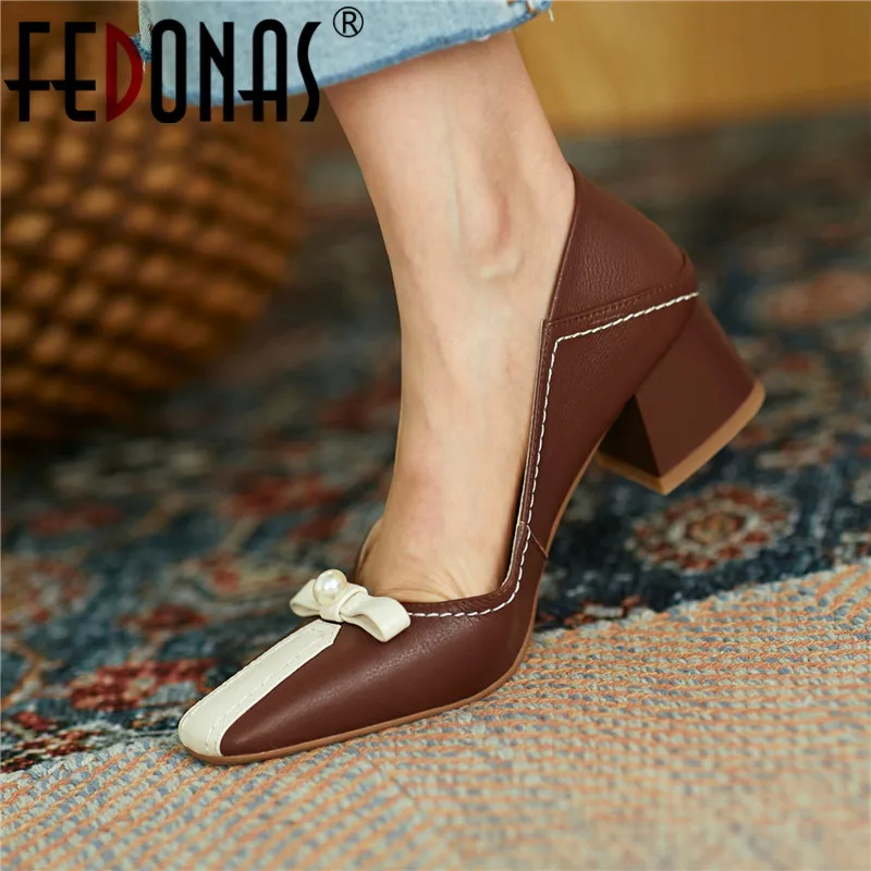 

FEDONAS Fashion Concise Women Pumps Basic Classic Genuine Leather Thick Heels Shoes Woman Mixed Colors Square Toe Office Lady