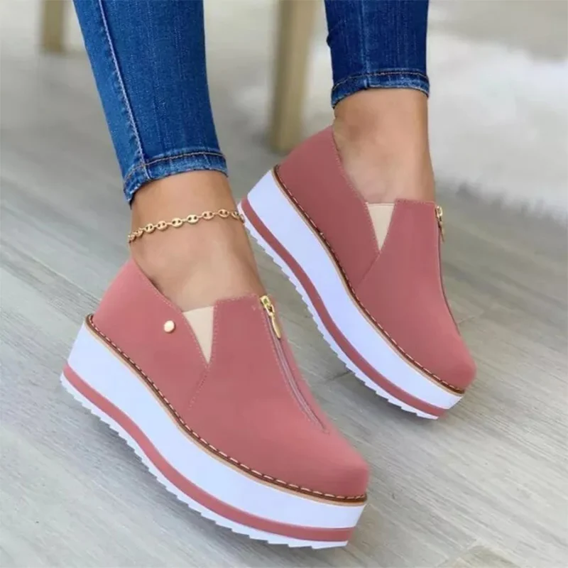 

2022 Women Flat Shoes Autumn Spring Comfortable Flock Zip Ladies Sneakers Thick Bottom Female Vulcanized Slip-on Shoe Plus Size