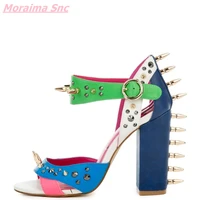 leather stitching rivet women sandals peep toe square heel fashion buckle strap novelty hollow summer comfortable hottest 2022