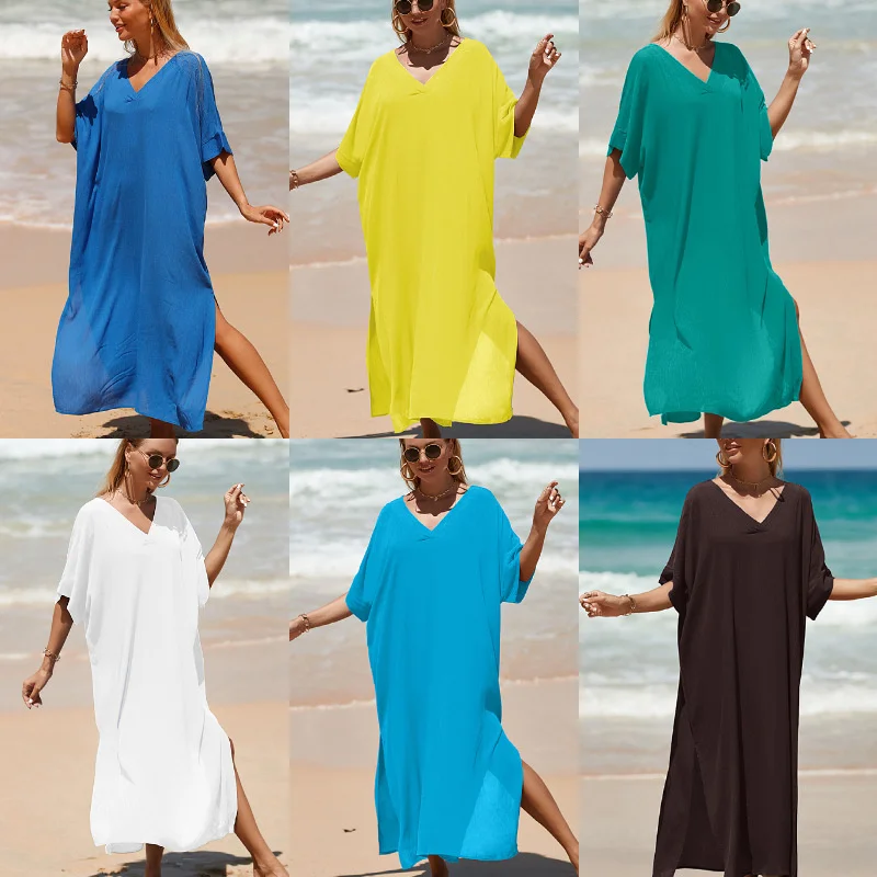 

Solid Color Women's Summer Bohemian Beach Cover-up Dress Casual Sun Protection Cotton Crepe Bikini Coat Swimwear Long Robe