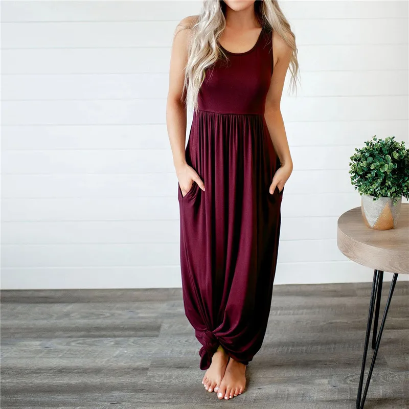 

Платье женское длинное хлопковое без рукавов, повседневный свободный пляжный сарафан в стиле бохо, на бретелях, с карманами, GV596, на лето