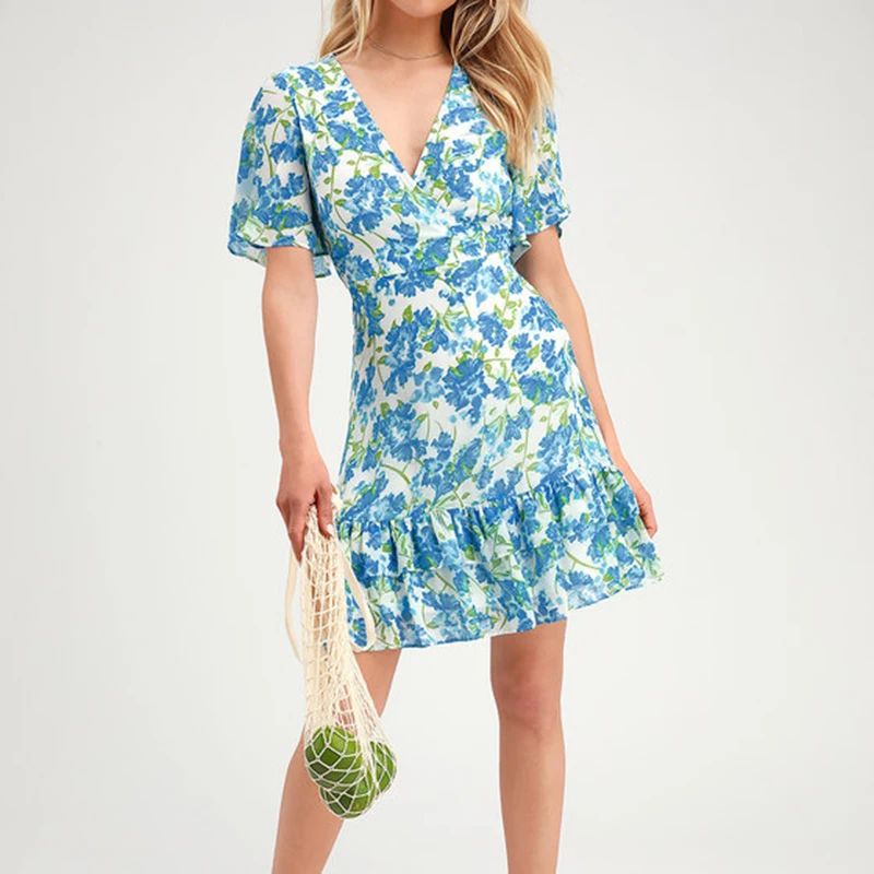 

2023 Women V Neck Summer Dress Vintage Short Butterfly Sleeve Floral Printed Ruffles A-Line Dresses Cottagecore Female Vistidos
