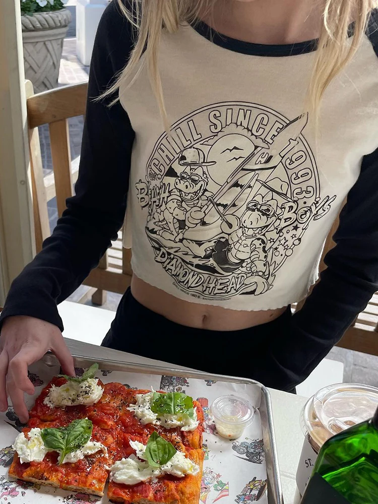

Dinosaur Cartoon Print Cotton T-shirts Women Cute Patchwork Round Neck Summer Long Sleeve Tees Y2k Streetwear Casual Crop Top