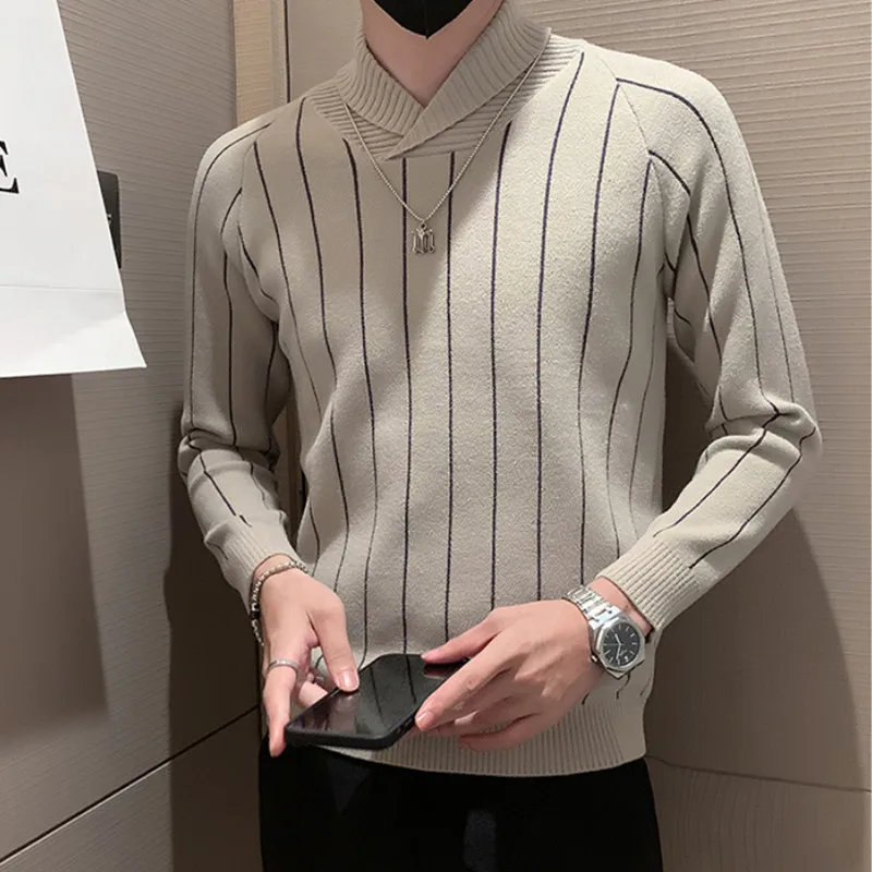 Brand Clothing Men Winter High Quality Warm Knit Sweater/Male Slim Fit Stripe Leisure Half-high Collar Knitted Pullover S-3XL