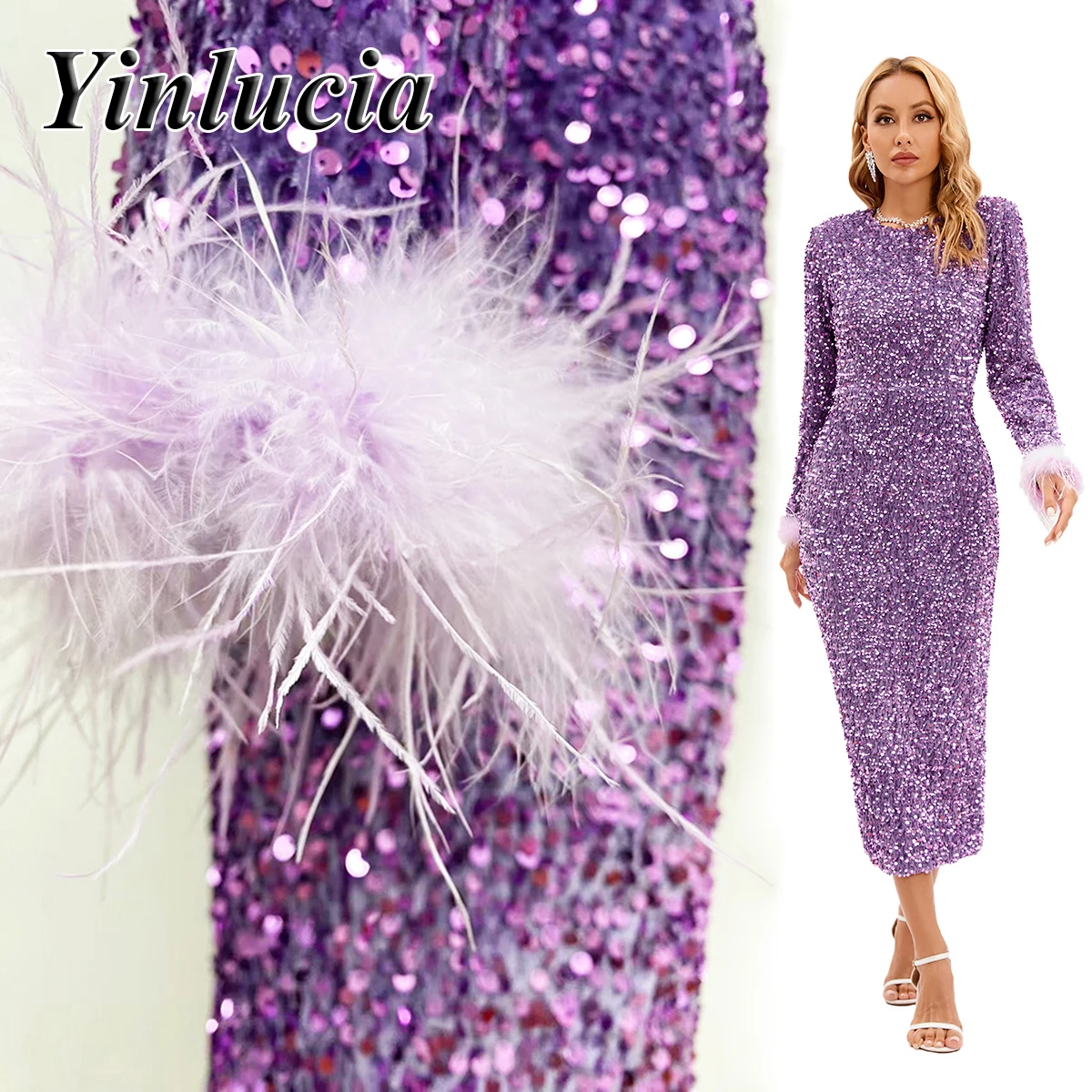 

Новинка, бархатное блестящее платье с блестками, эластичное облегающее платье с рукавом в виде перьев, Классические Вечерние платья миди с разрезом на спине для выпускного вечера, для подружки невесты