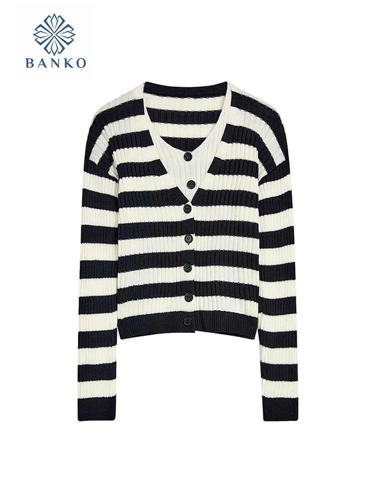 

Preppy Style Classical Striped Knitted Cardigan Office Lady Korean Fashion Jumper Long Sleeve V-Neck Casual Sweater Streetwear