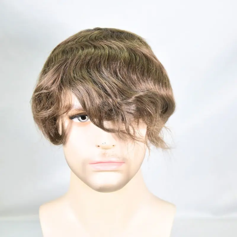 Pwigs Men's Toupee Durable PU Skin Base with Soft Swiss Lace Hairpiece 100% Human Hair for Men 7# Light Brown System