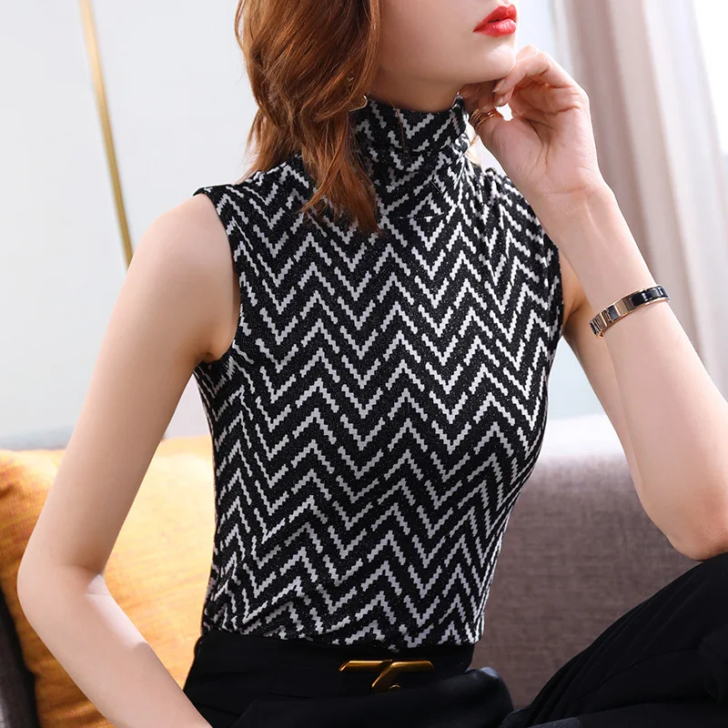 

High-neck Vest Women's Spring New Women's Clothing Contrast Color Inner Bottoming Shirt Sleeveless T-shirt Elastic Tight Top